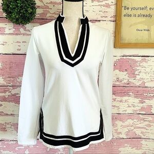 MICHAEL KORS White Black Striped V-neck long sleeve Top Tee size Petite